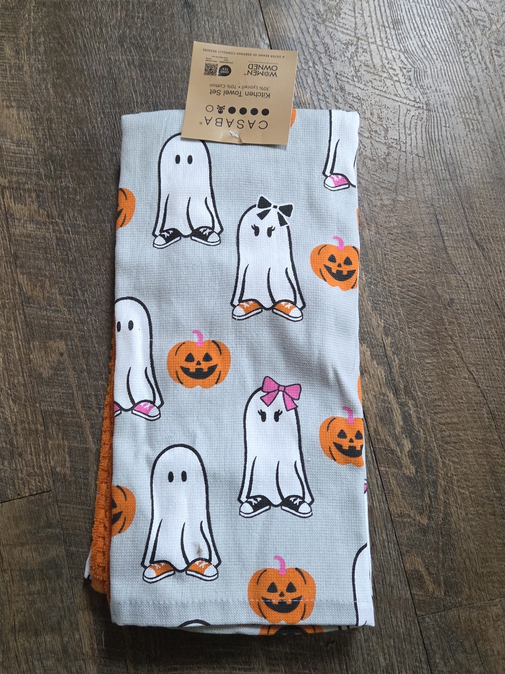 Casaba Halloween Ghost & Pumpkin Kitchen Towel - White & Orange